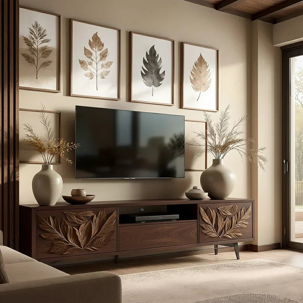 Hand-Carved Leaf Solid Wood TV Stand – Botanical Media Console - Rustira