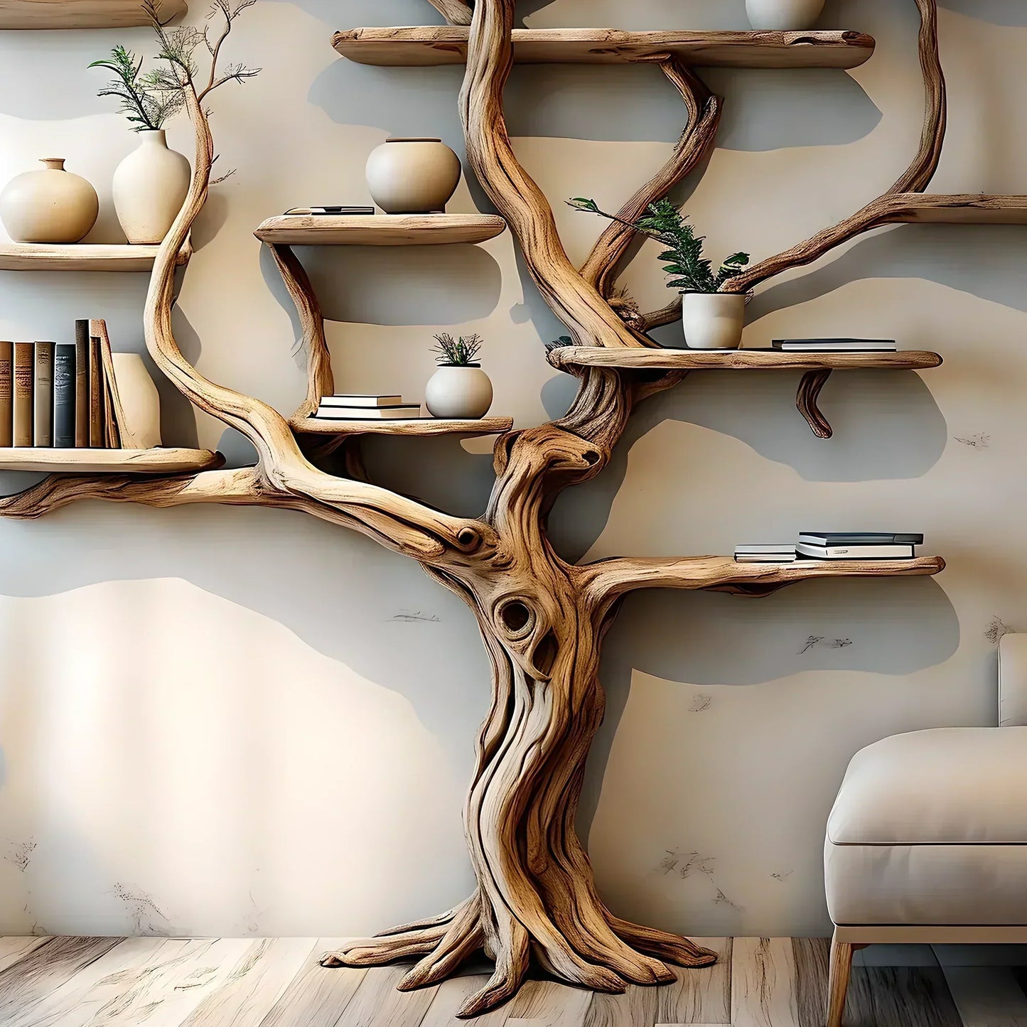 Handmade wooden tree branch bookshelf from solid natural wood, floating shelf, children's room decoration