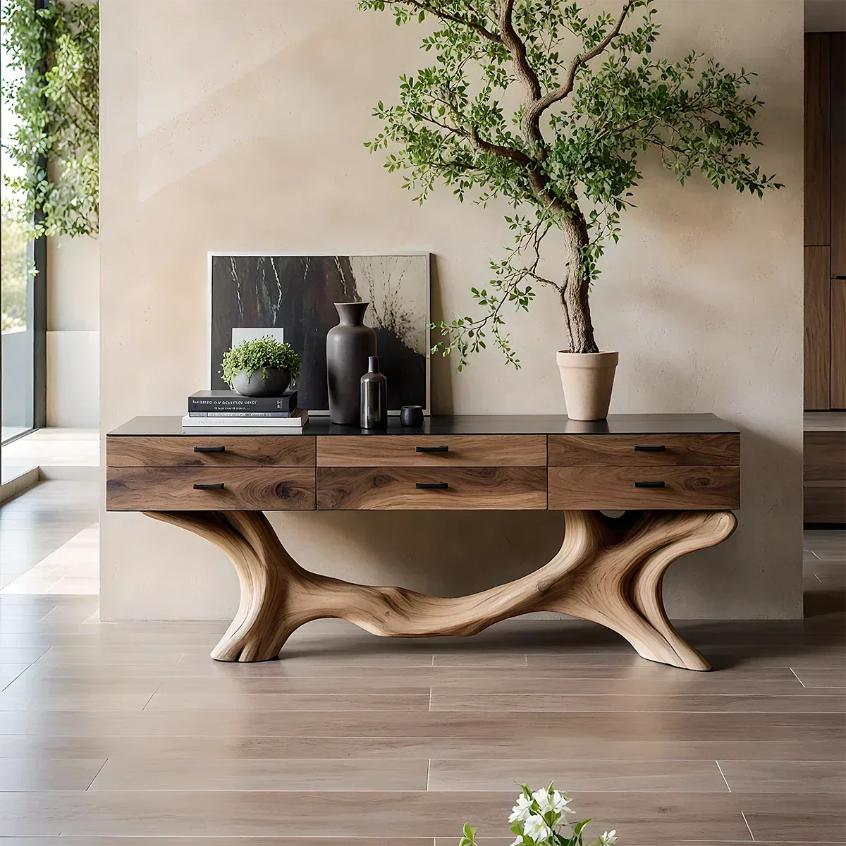 Solid Wood Console Table with Sculpted Branch-Form Base & Drawers - Rustira