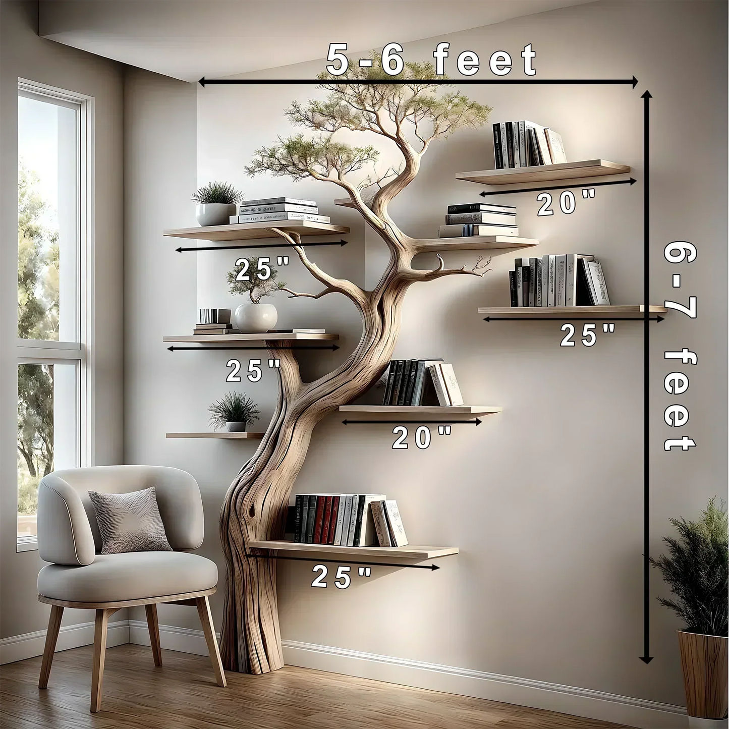 Solid perennial wood bookshelf, floating shelf, tree-shaped bookshelf