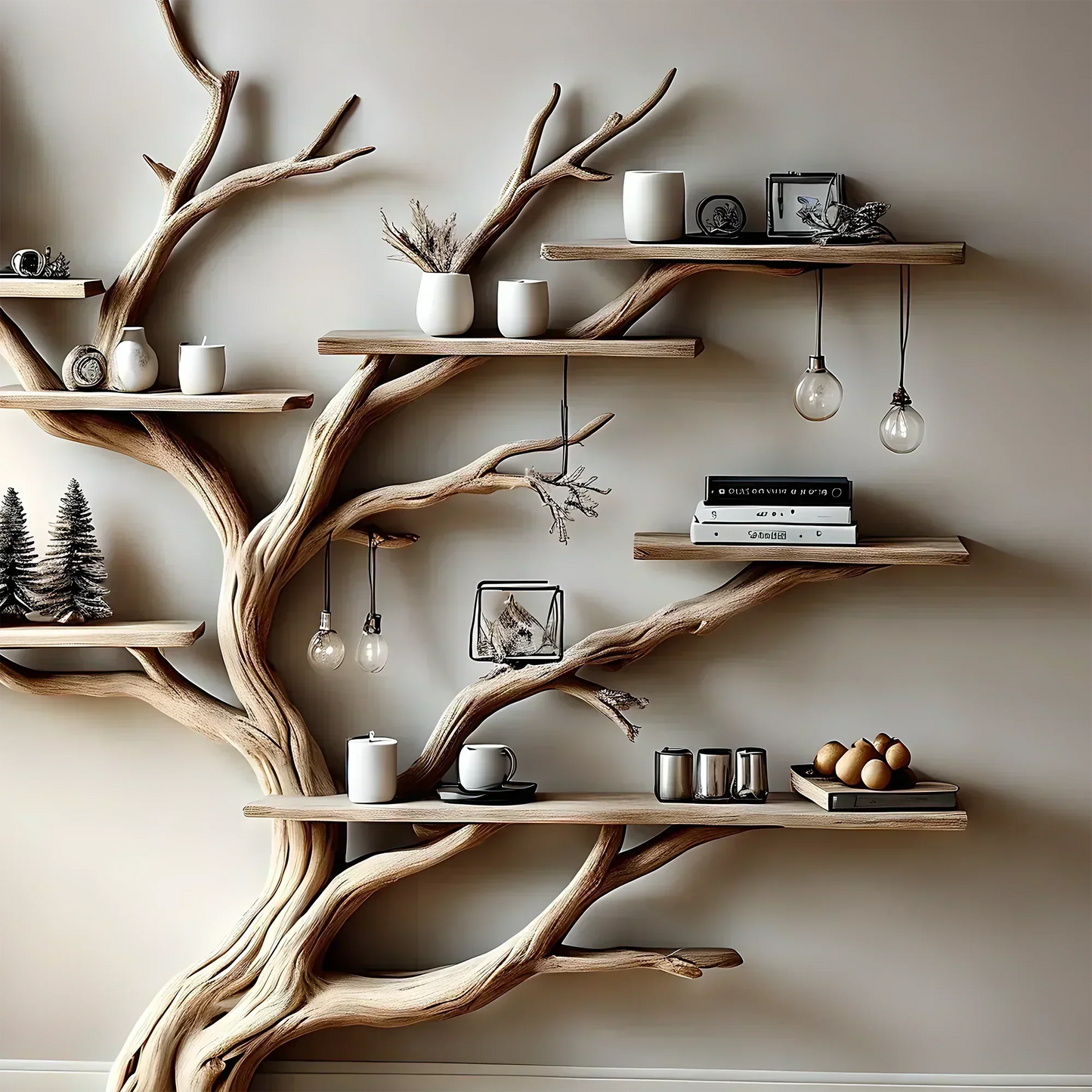 Narrow floating living table with solid wood bookcase and floating bookshelf