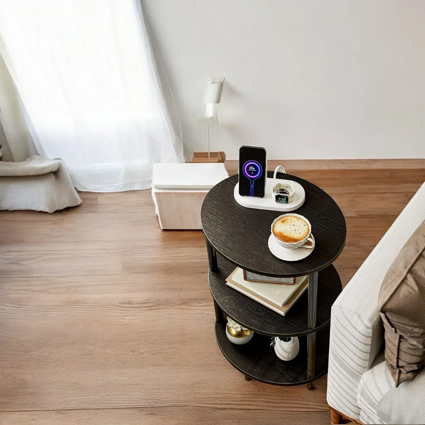 3-Tier Round End Table with Charging Ports – Black Modern Design