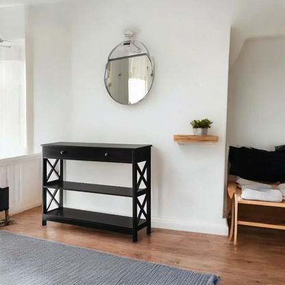 Black Console Table with Drawer and Open Shelves – Elegant Accent