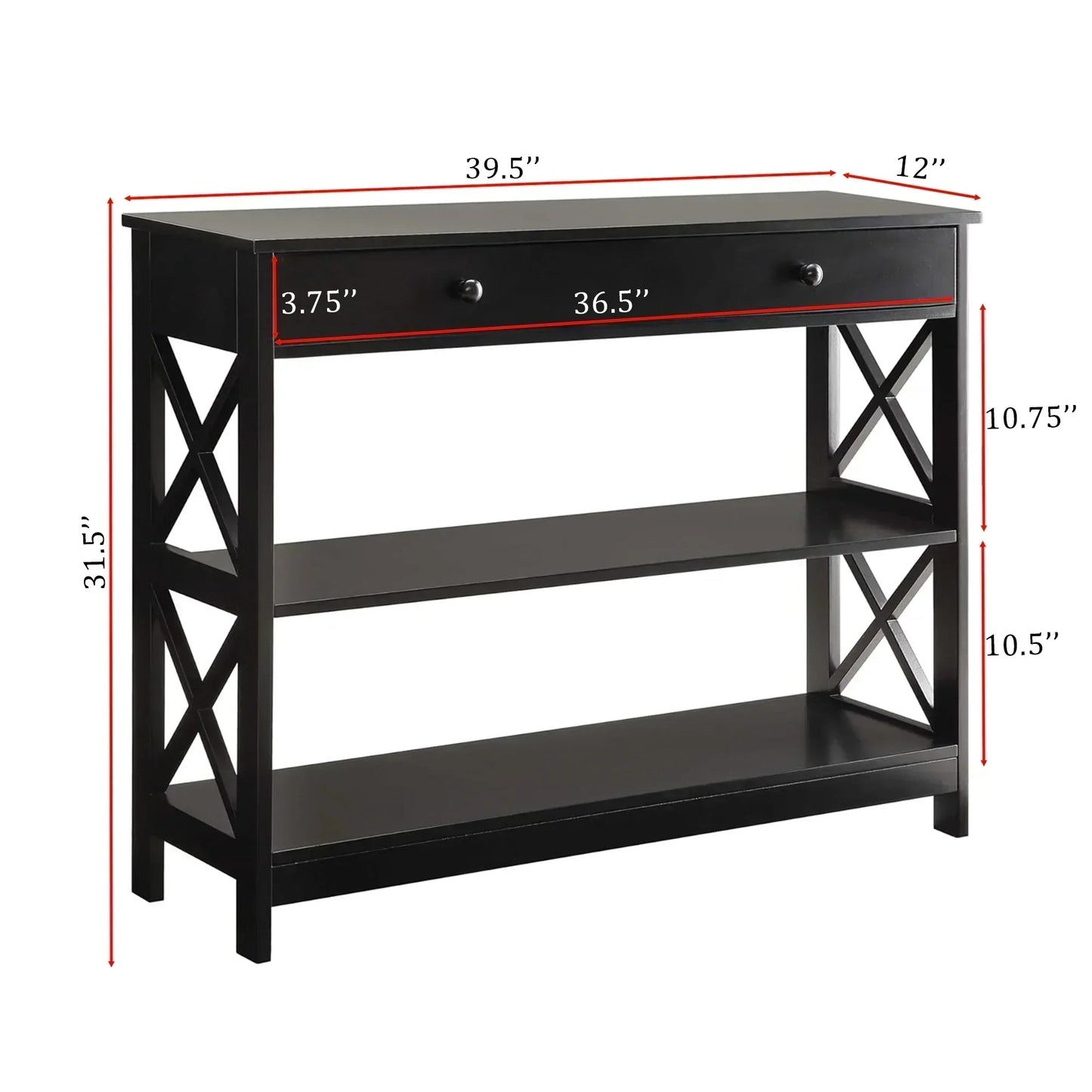 Black Console Table with Drawer and Open Shelves – Elegant Accent