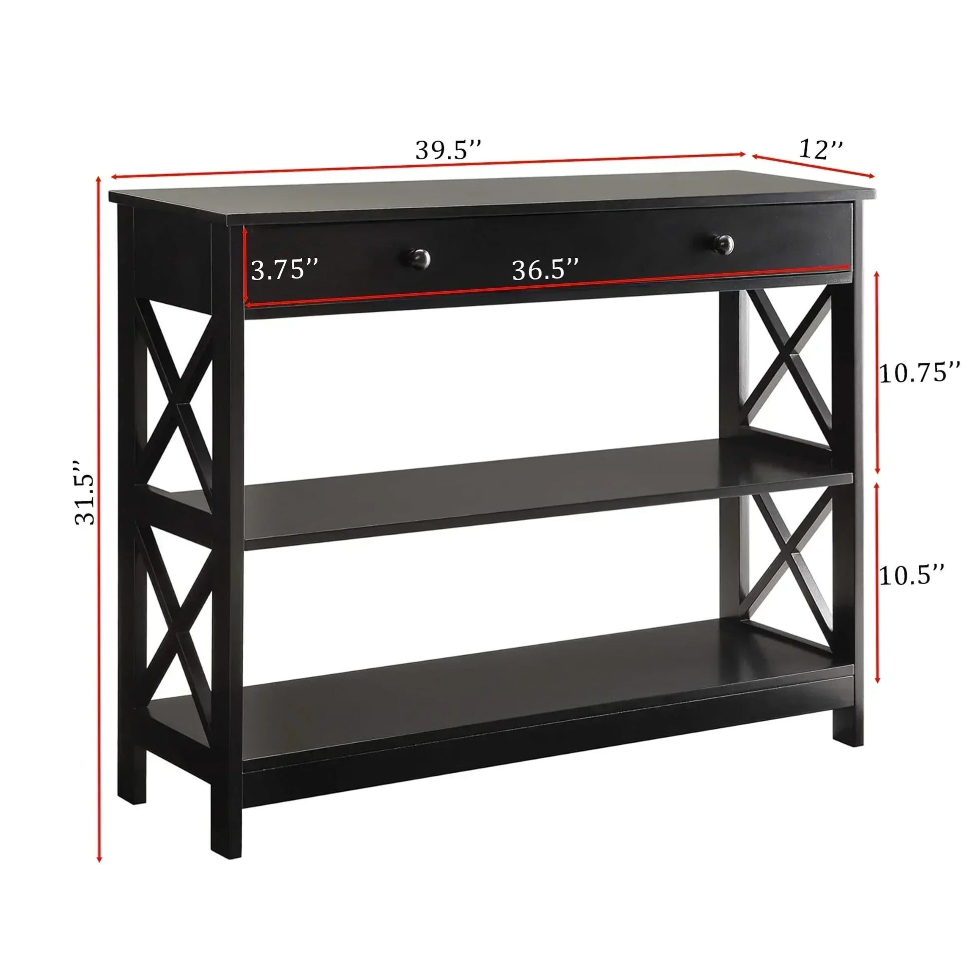 Black Console Table with Drawer and Open Shelves – Elegant Accent