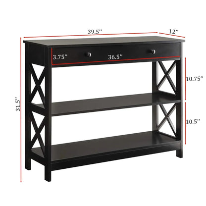 Black Console Table with Drawer and Open Shelves – Elegant Accent