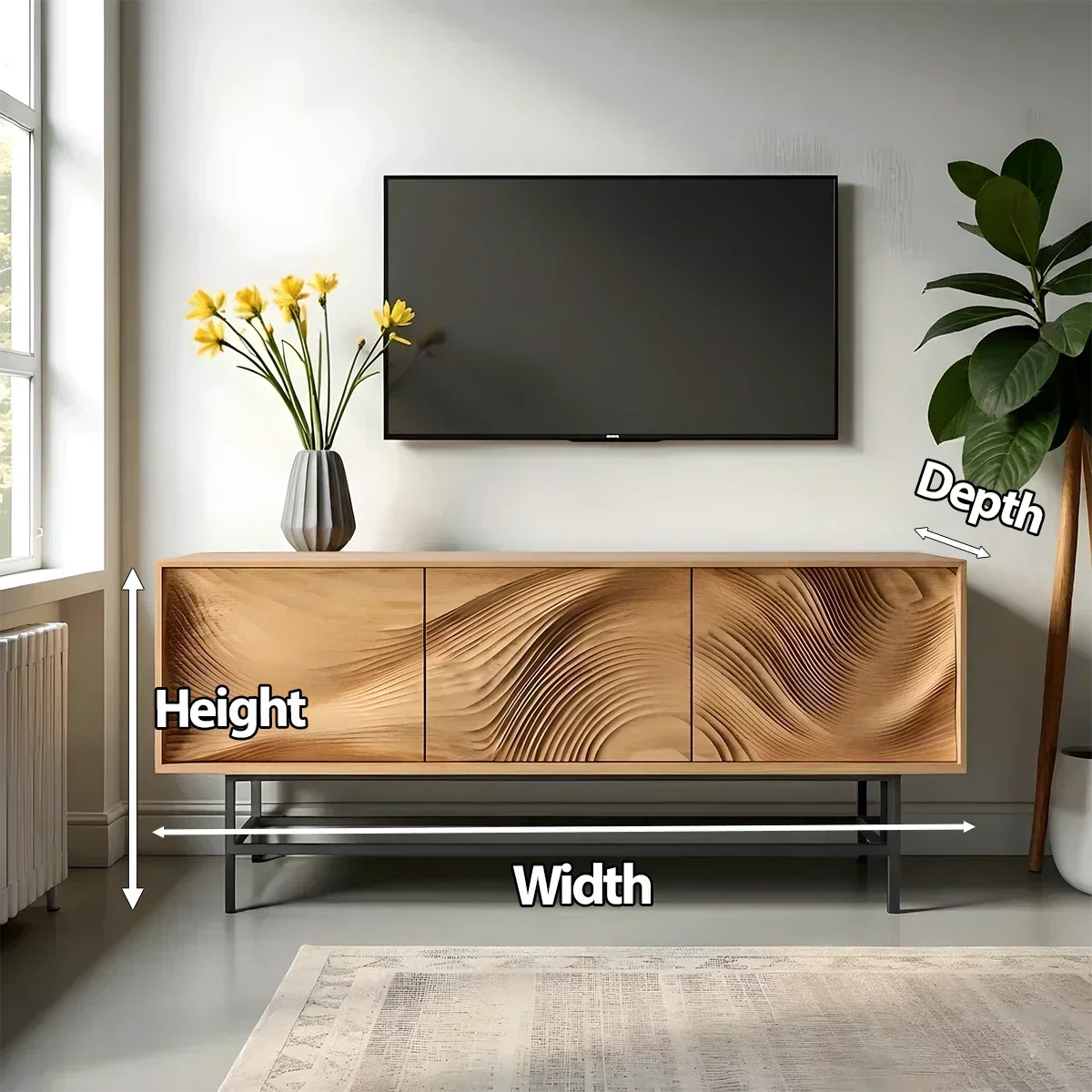Contemporary Wave-Carved Solid Wood TV Console – Light Oak Minimalist Design - Rustira