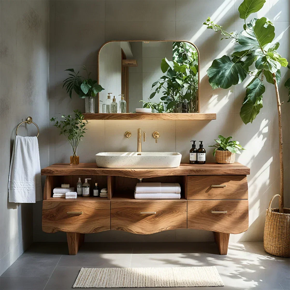 Curved Solid Wood Vanity with Legs – Japandi Spa Bathroom Console - Rustira