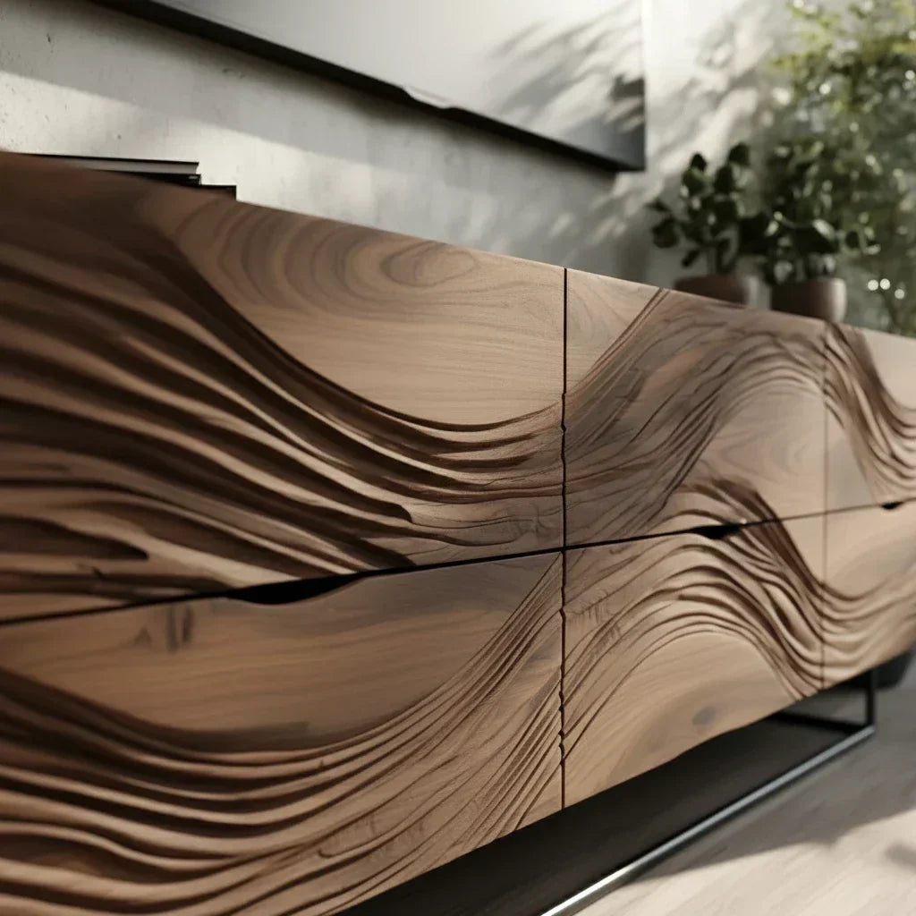 Dark Walnut Sculpted TV Stand – Modern Organic Wave Media Console - Rustira