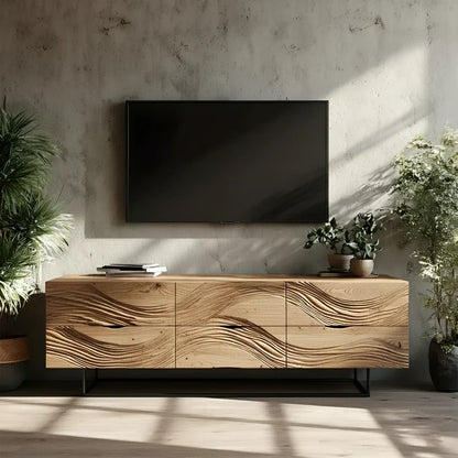 Dark Walnut Sculpted TV Stand – Modern Organic Wave Media Console - Rustira