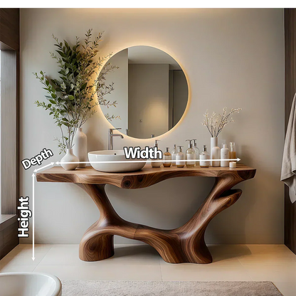Double-Sculpted Wood Pedestal Vanity – Organic Modern Bathroom Sink Table - Rustira