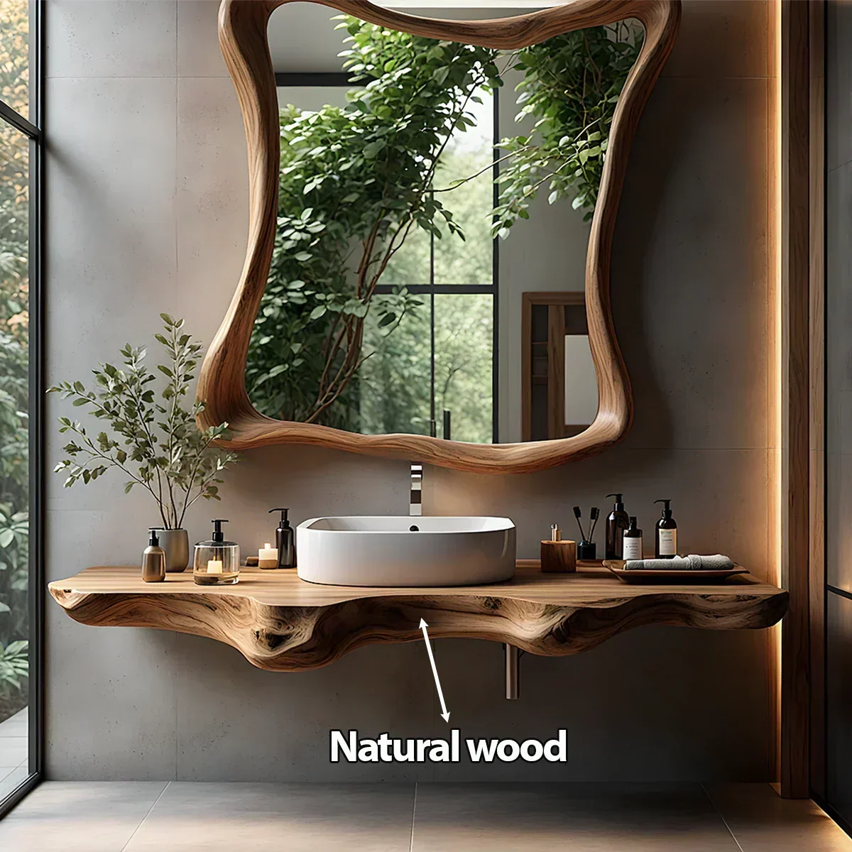 Organic Live Edge Floating Bathroom Vanity with Sculpted Frame Mirror - Rustira