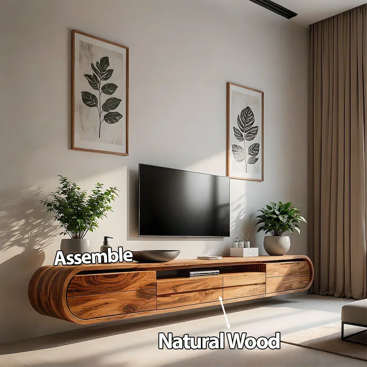 Floating Curved Edge Walnut TV Console — Organic Minimal Design - Rustira