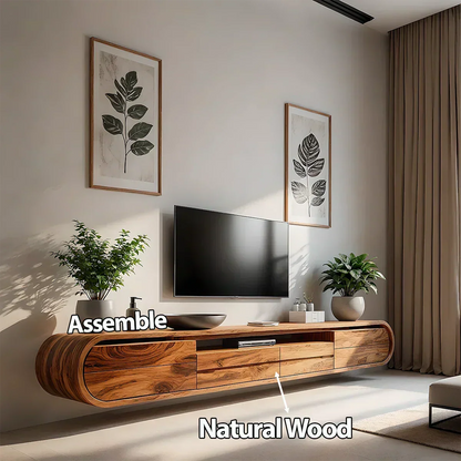 Floating Curved Edge Walnut TV Console — Organic Minimal Design - Rustira