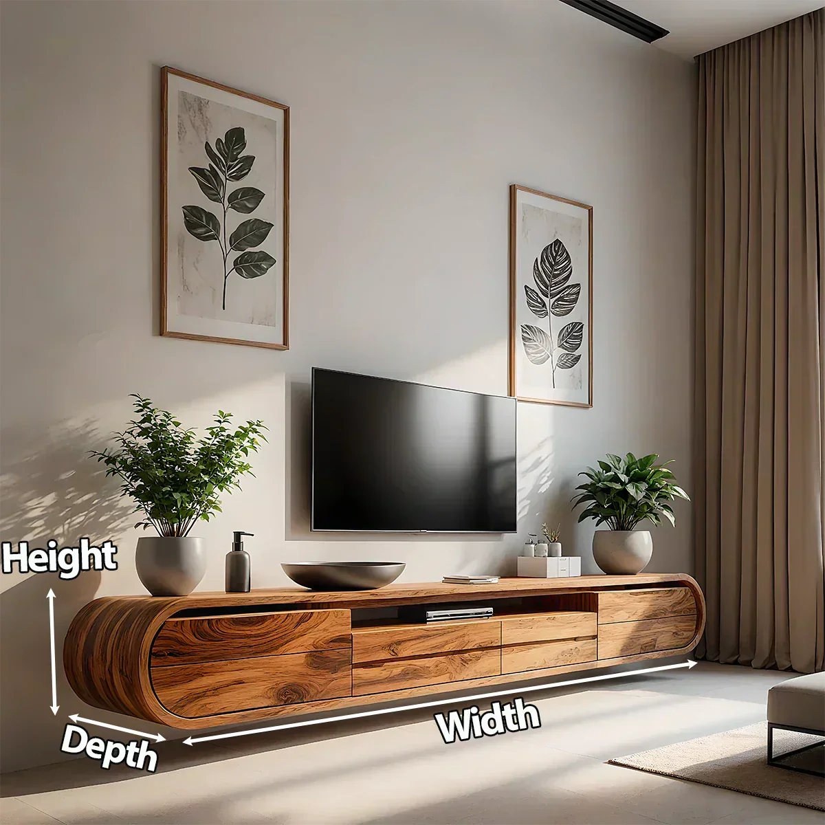Floating Curved Edge Walnut TV Console — Organic Minimal Design - Rustira