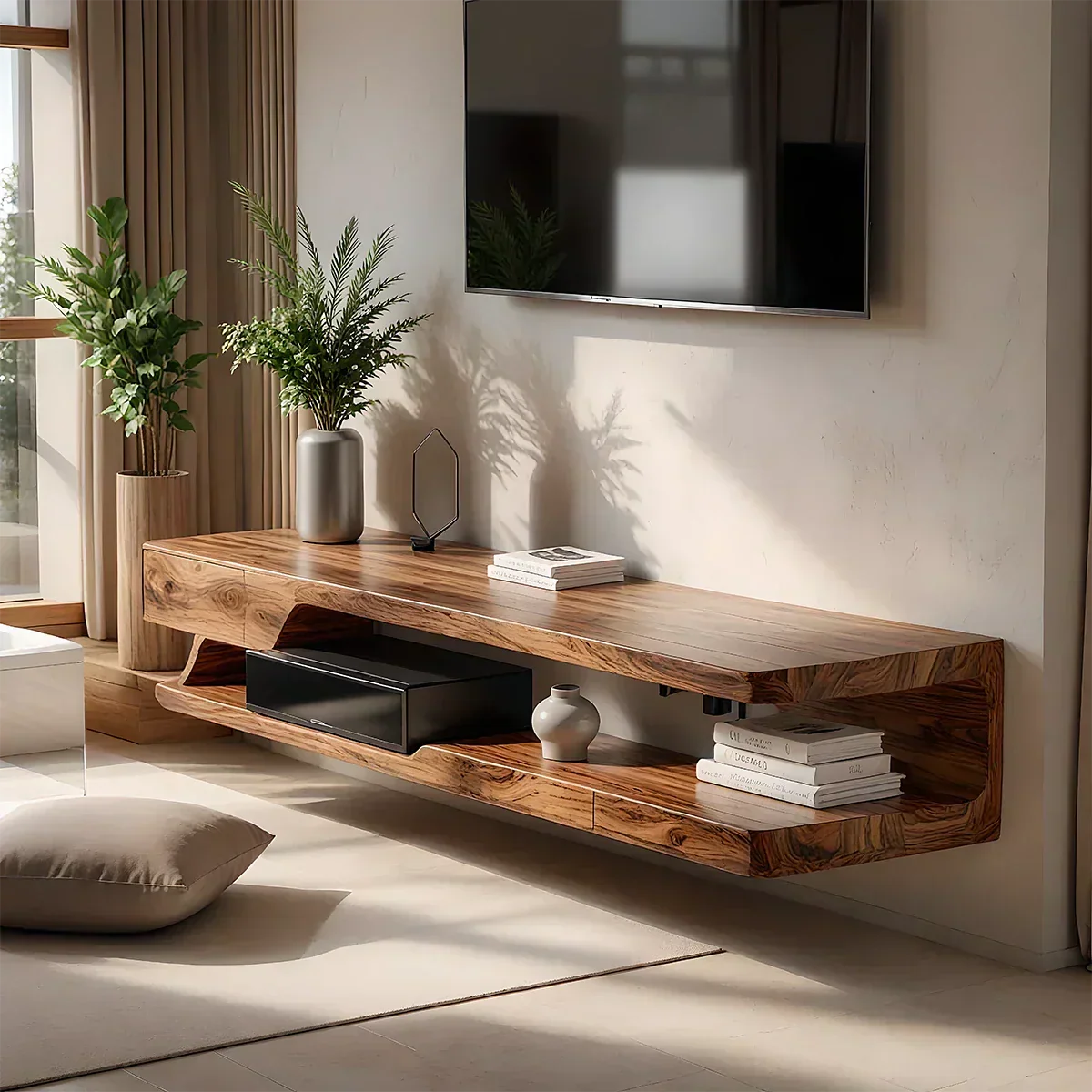 Floating Solid Wood TV Stand – Minimal Organic Modern Wall-Mounted Console - Rustira