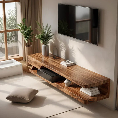 Floating Solid Wood TV Stand – Minimal Organic Modern Wall-Mounted Console - Rustira