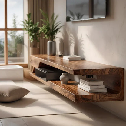 Floating Solid Wood TV Stand – Minimal Organic Modern Wall-Mounted Console - Rustira