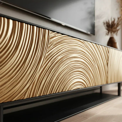 Golden Spiral-Carved Solid Wood TV Stand – Luxury Organic Console - Rustira