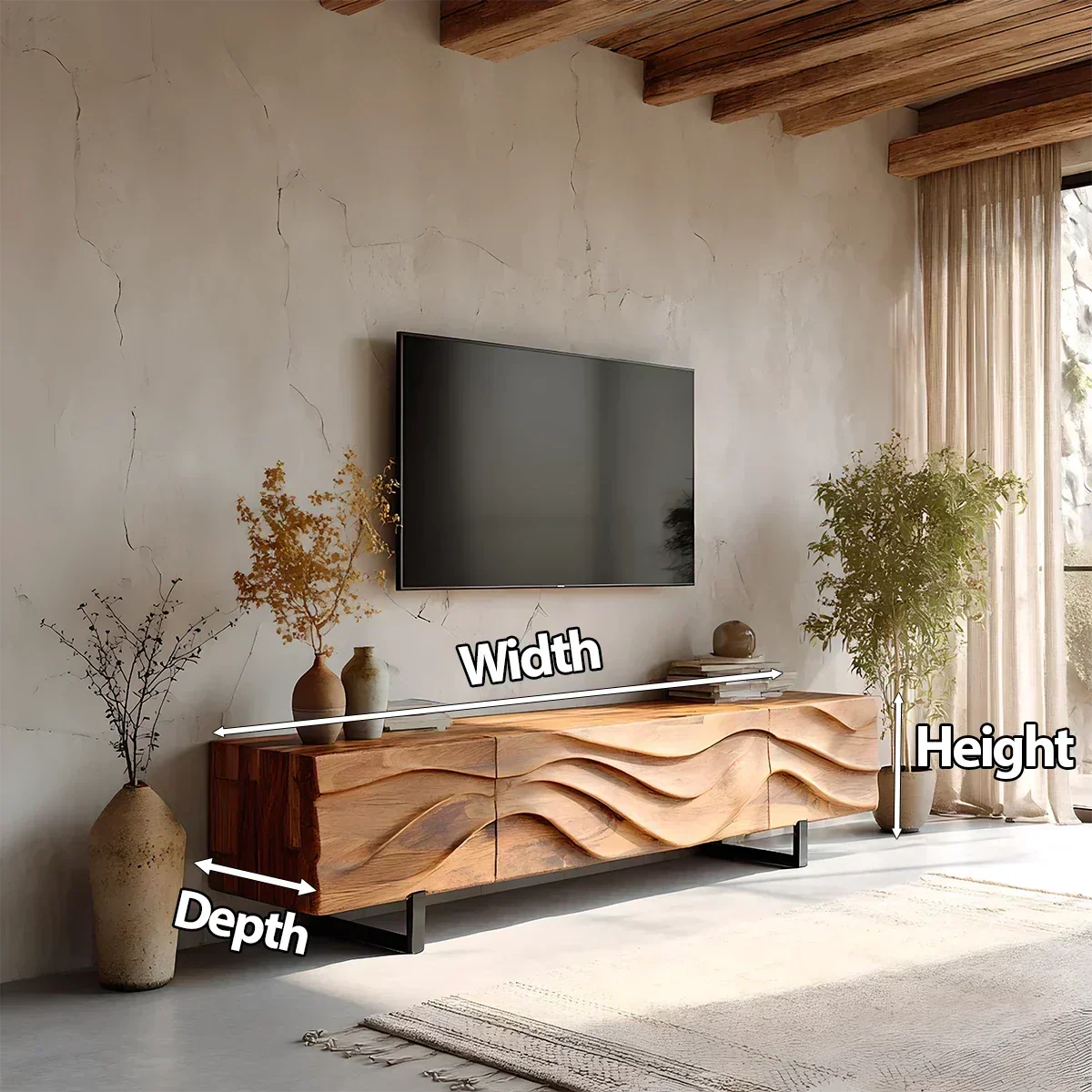 Hand-Carved Wave Wood TV Stand — Golden Drift Edition - Rustira