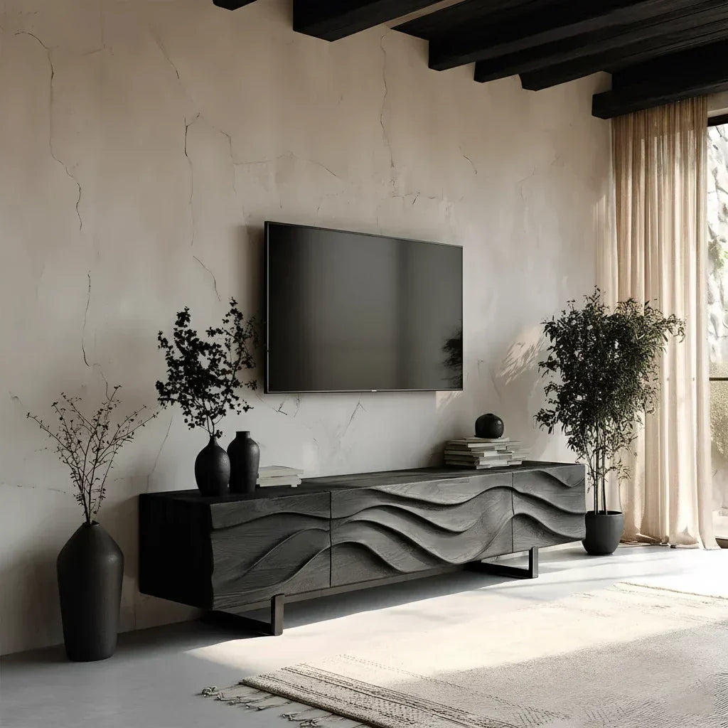 Hand-Carved Wave Wood TV Stand — Golden Drift Edition - Rustira