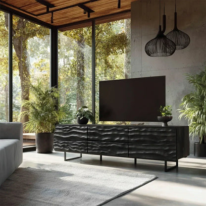 Hand-Carved Wavefront Solid Wood TV Stand – Natural Sculpted Media Console - Rustira