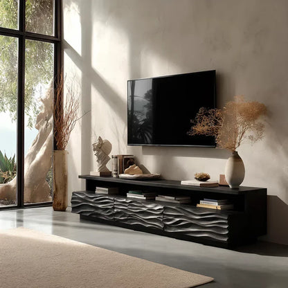 Hand-Sculpted Organic Wave Wood TV Stand — Natural Sunrise Finish - Rustira
