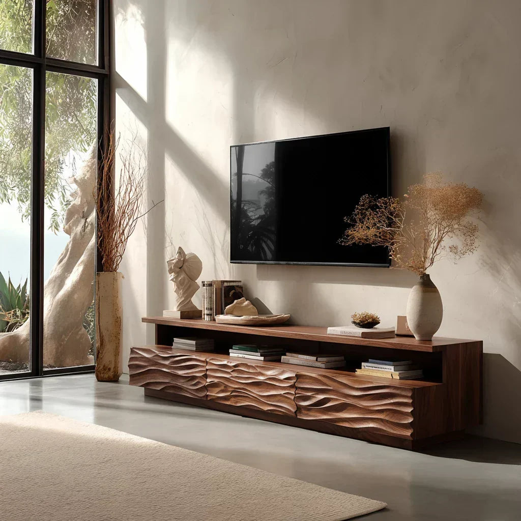 Hand-Sculpted Organic Wave Wood TV Stand — Natural Sunrise Finish - Rustira