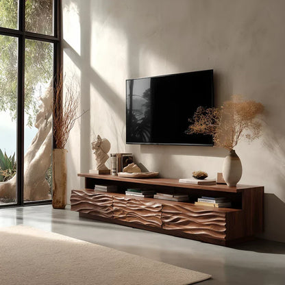 Hand-Sculpted Organic Wave Wood TV Stand — Natural Sunrise Finish - Rustira
