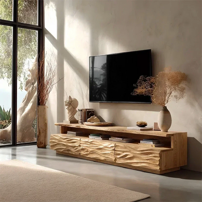 Hand-Sculpted Organic Wave Wood TV Stand — Natural Sunrise Finish