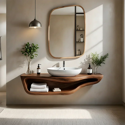 Handcrafted Live Edge Floating Bathroom Vanity With Shelf - Rustira