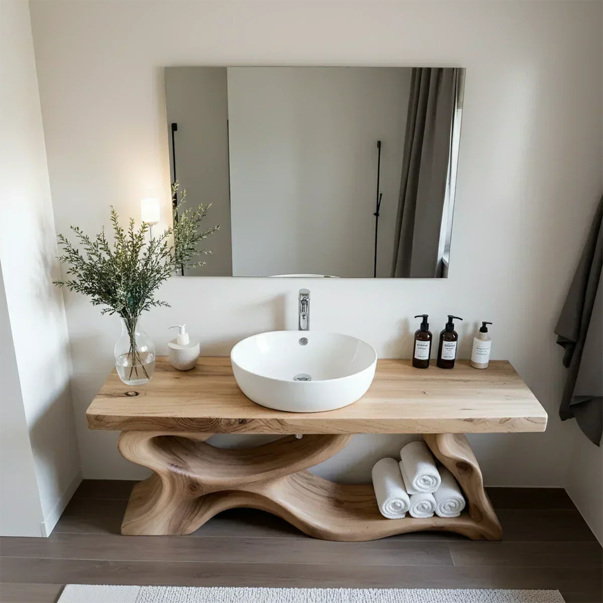 Handcrafted Solid Wood Vanity with Organic Curved Base - Rustira