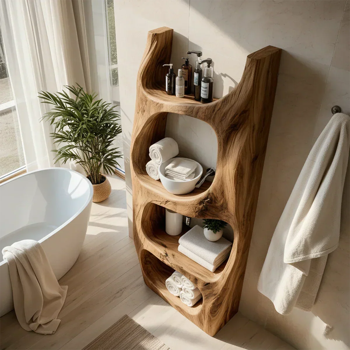 Organic Live Edge Solid Wood Bathroom Shelf Tower – Sculptural Storage - Rustira