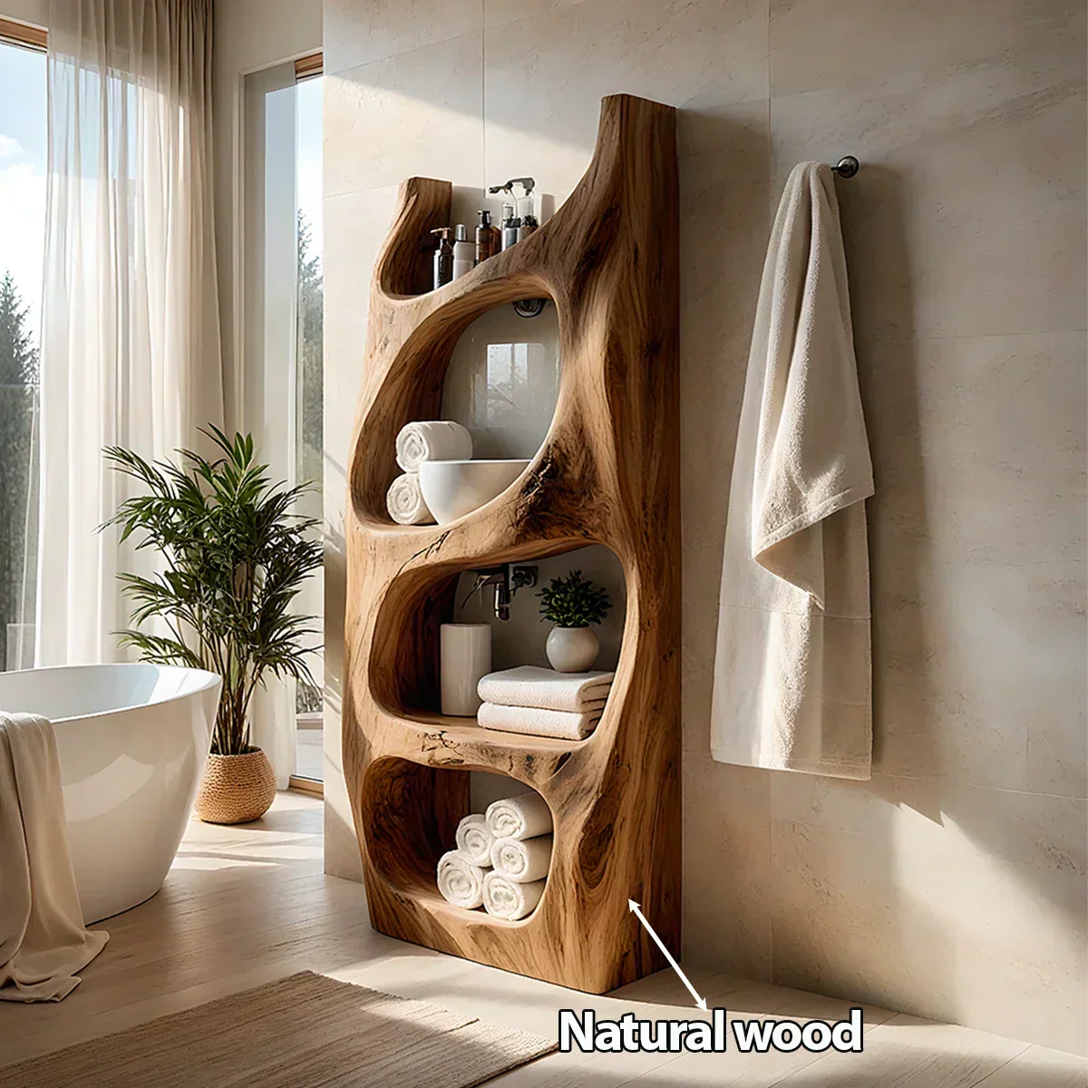Organic Live Edge Solid Wood Bathroom Shelf Tower – Sculptural Storage - Rustira