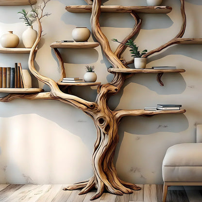 Handmade wooden tree branch bookshelf from solid natural wood, floating shelf, children's room decoration