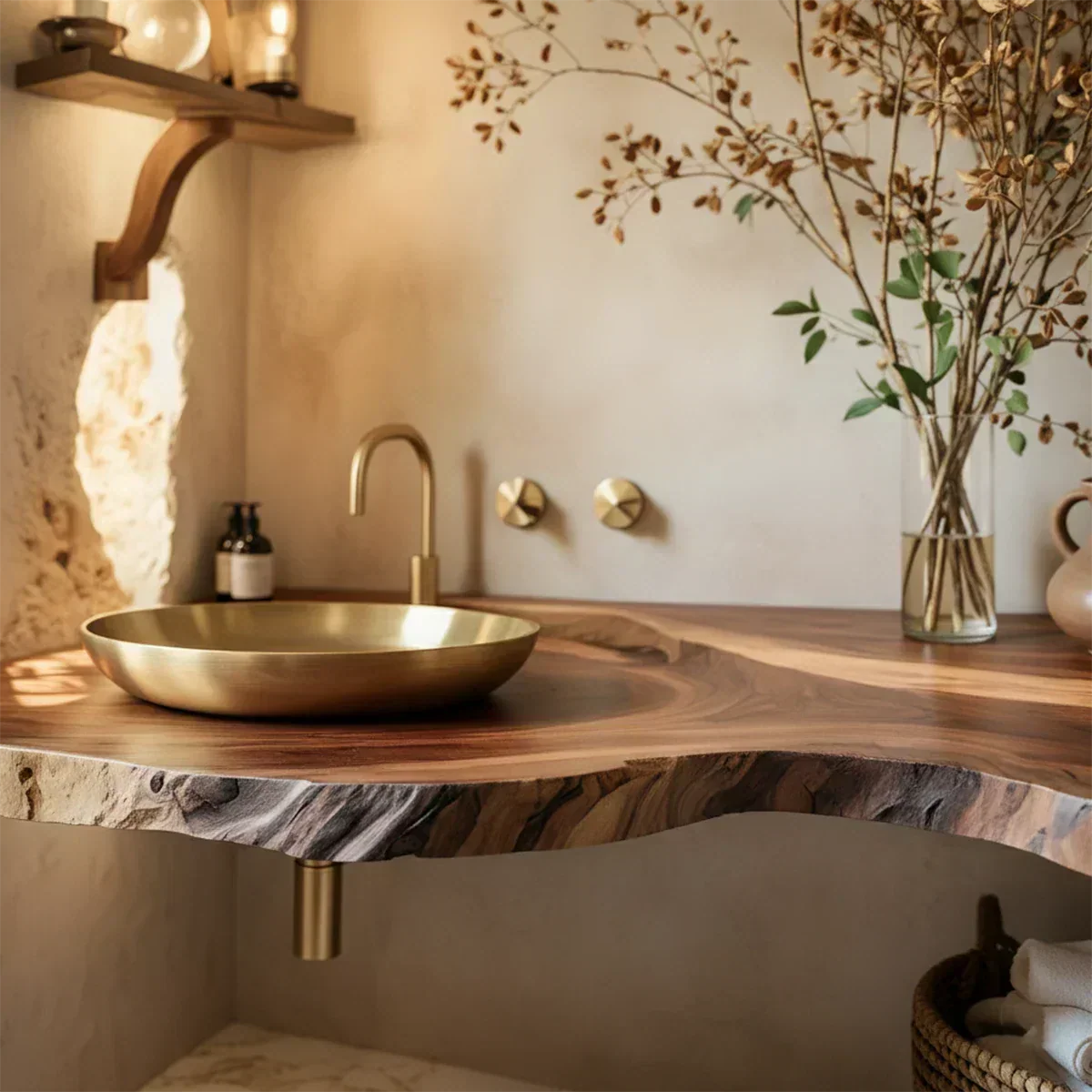 Live Edge Corner Floating Bathroom Vanity — Organic Wabi-Sabi Luxury - Rustira