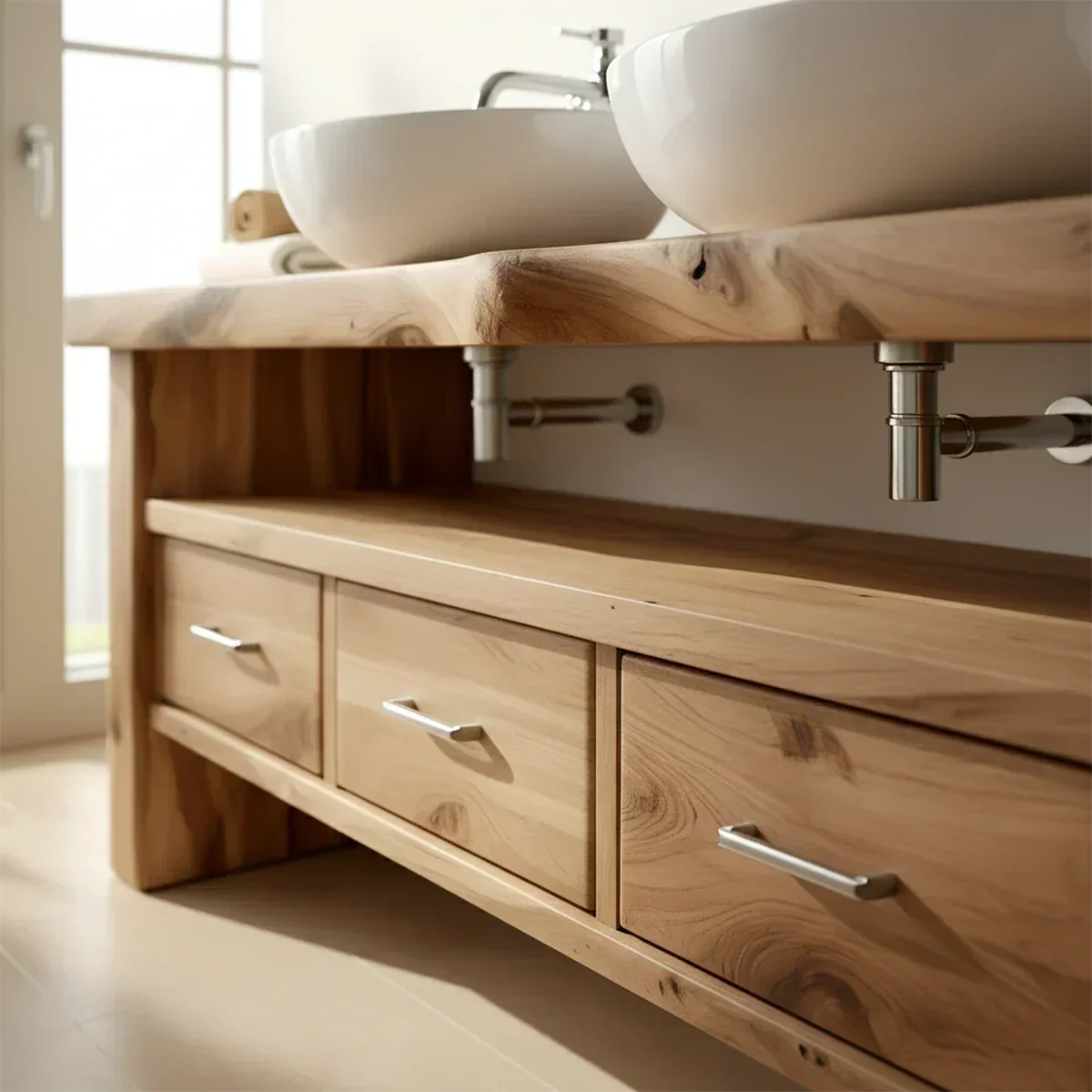 Live Edge Double Sink Solid Wood Vanity – Japandi Rustic Design - Rustira