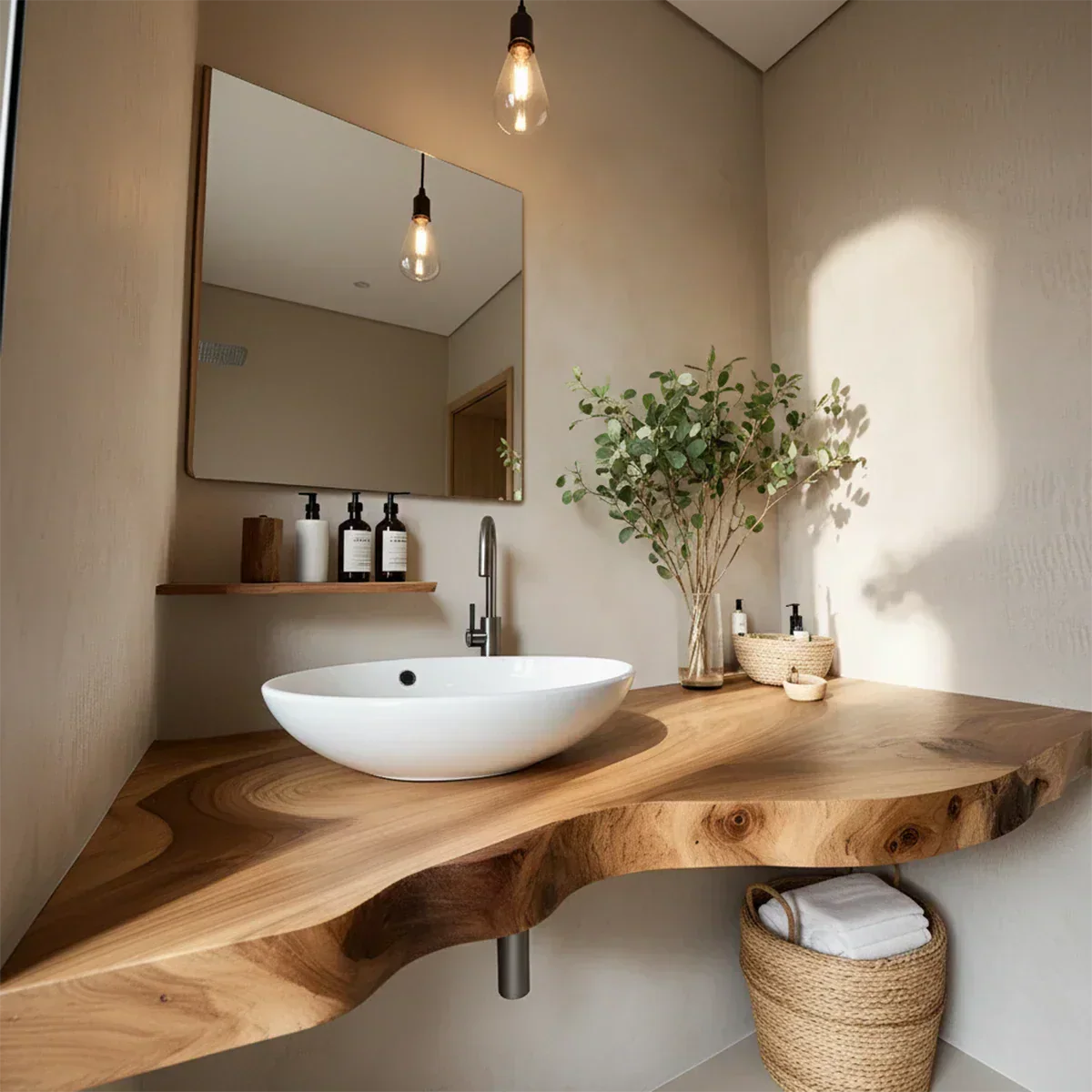 Live Edge Floating Wood Bathroom Vanity Countertop – Minimal Organic Design - Rustira