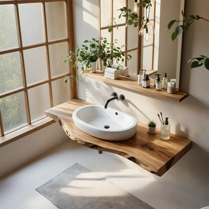 Live Edge Floating Wood Bathroom Vanity Shelf – Natural Solid Wood - Rustira