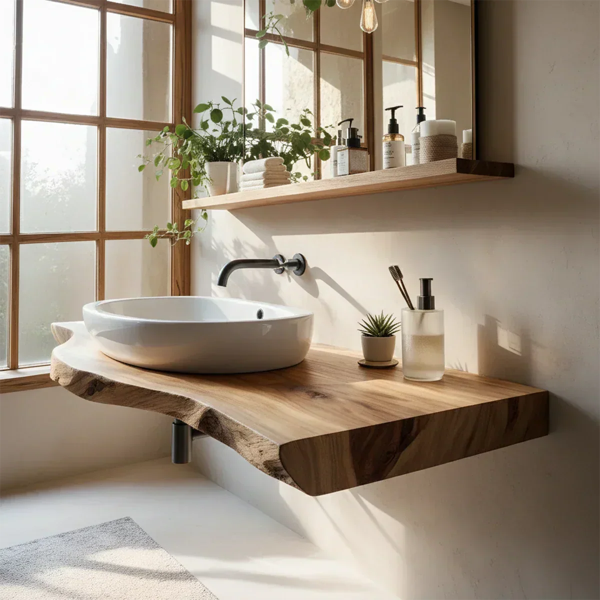 Live Edge Floating Wood Bathroom Vanity Shelf – Natural Solid Wood - Rustira