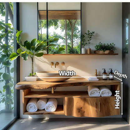 Live Edge Floating Wood Vanity – Asymmetrical Japandi Spa Sink Console - Rustira