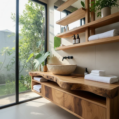 Live Edge Floating Wood Vanity with Shelves – Japandi Spa Sink Console - Rustira