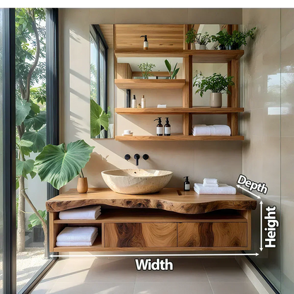 Live Edge Floating Wood Vanity with Shelves – Japandi Spa Sink Console - Rustira