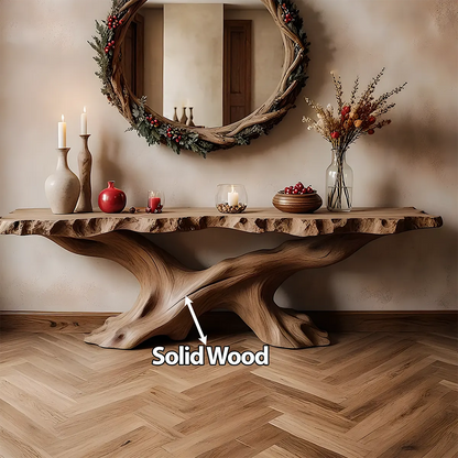 Live Edge Oak Console Table – Root Twist Sculptural Base - Rustira