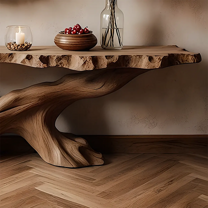 Live Edge Oak Console Table – Root Twist Sculptural Base - Rustira