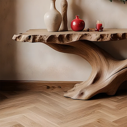 Live Edge Oak Console Table – Root Twist Sculptural Base - Rustira