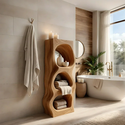Live Edge Solid Wood Bathroom Storage Tower – Organic Carved Design - Rustira