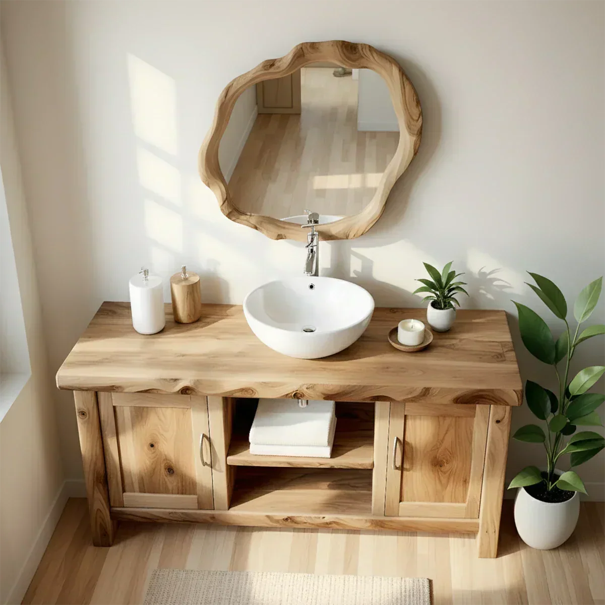 Live Edge Solid Wood Bathroom Vanity – Japandi Organic Minimalist - Rustira