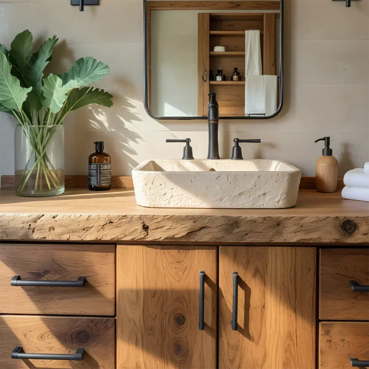 Live Edge Solid Wood Bathroom Vanity – Rustic Wabi-Sabi Cabinet - Rustira