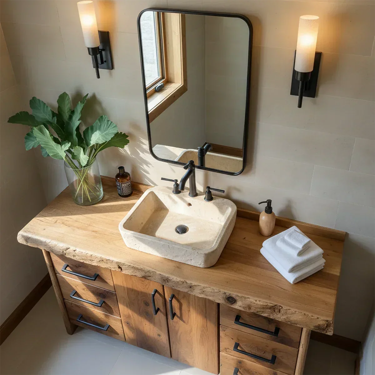 Live Edge Solid Wood Bathroom Vanity – Rustic Wabi-Sabi Cabinet - Rustira